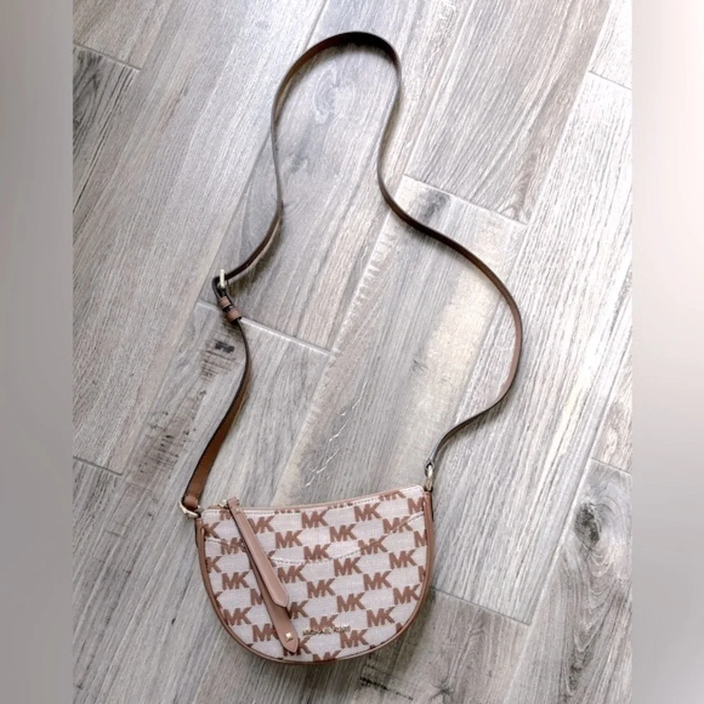 Michael Kors Dover Small Half Moon Signature Leather/Canvas Crossbody